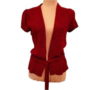 August silk red short sleeve sweater with tie    fine gauge …Red